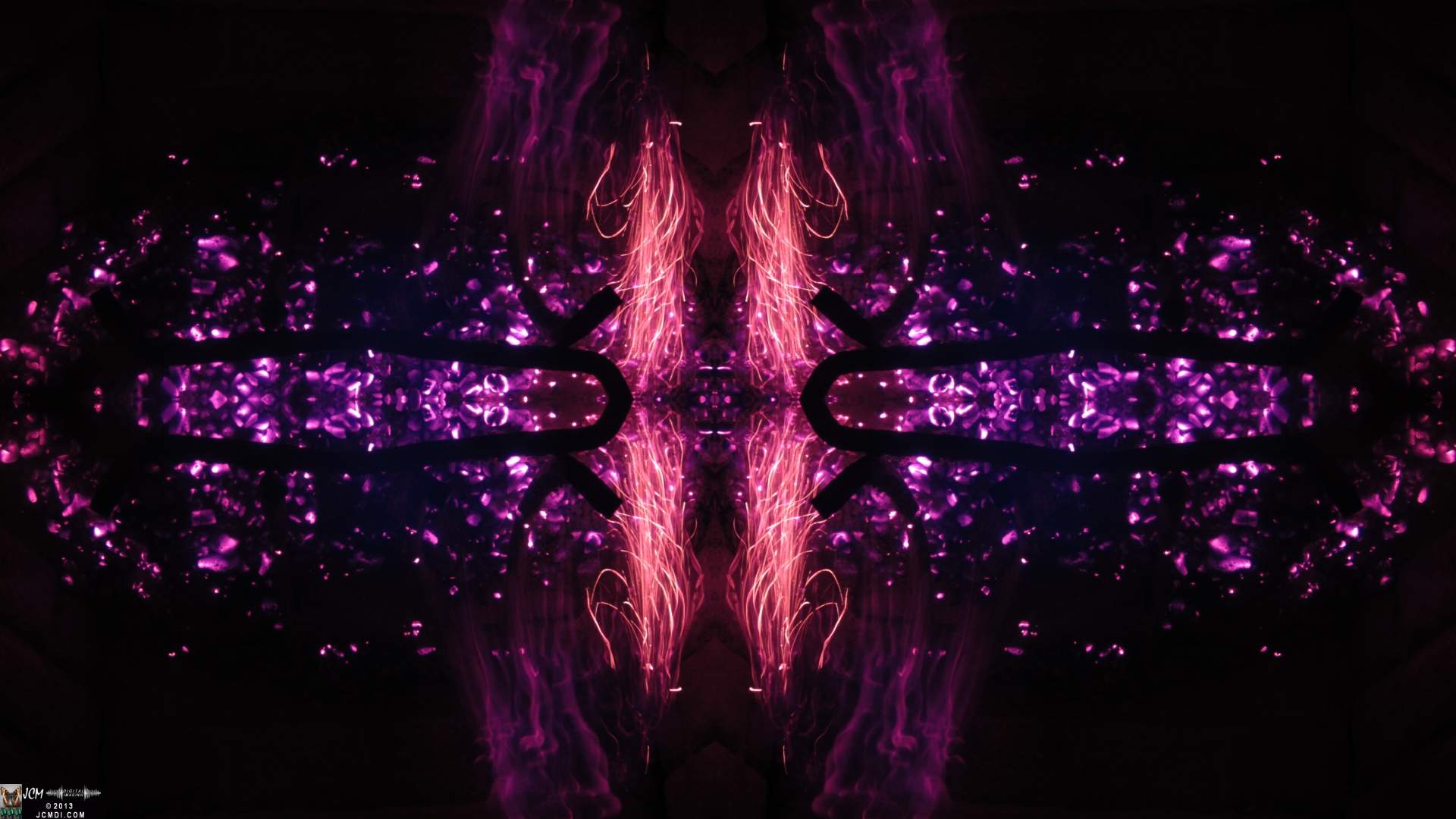 Quadroscopic art made from a still image � Fireplace coals and firefall